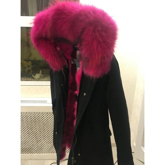 NEW POMKIN ROSE PINK FOX FUR BLACK WINTER COAT PARKA SIZE S SMALL 0/2 - Picture 6 of 12